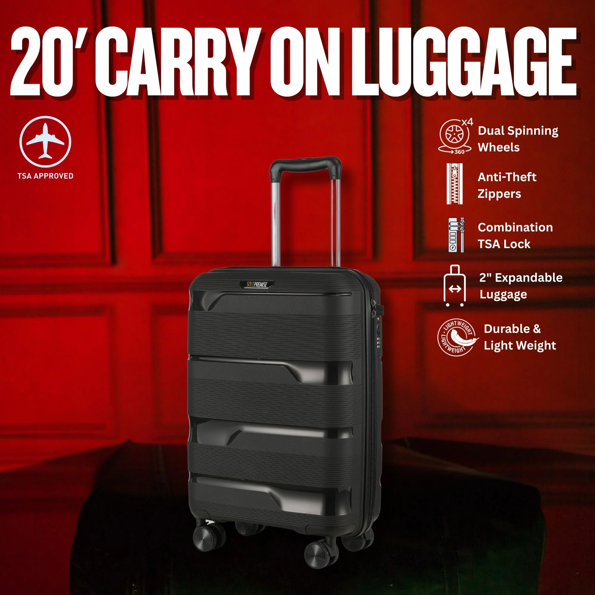 20-inch Black Carry-on Suitcase with TSA Lock
