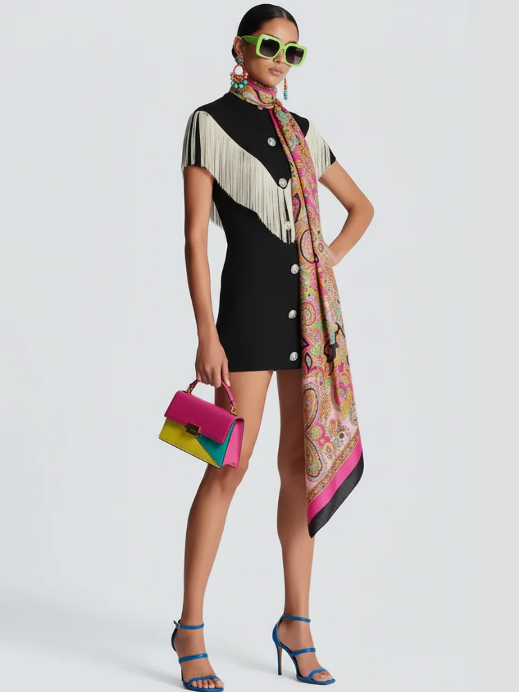 Black Mini Bodycon Dress with Button Tassel For Women, Meatpacking District, BYMANYC New York.