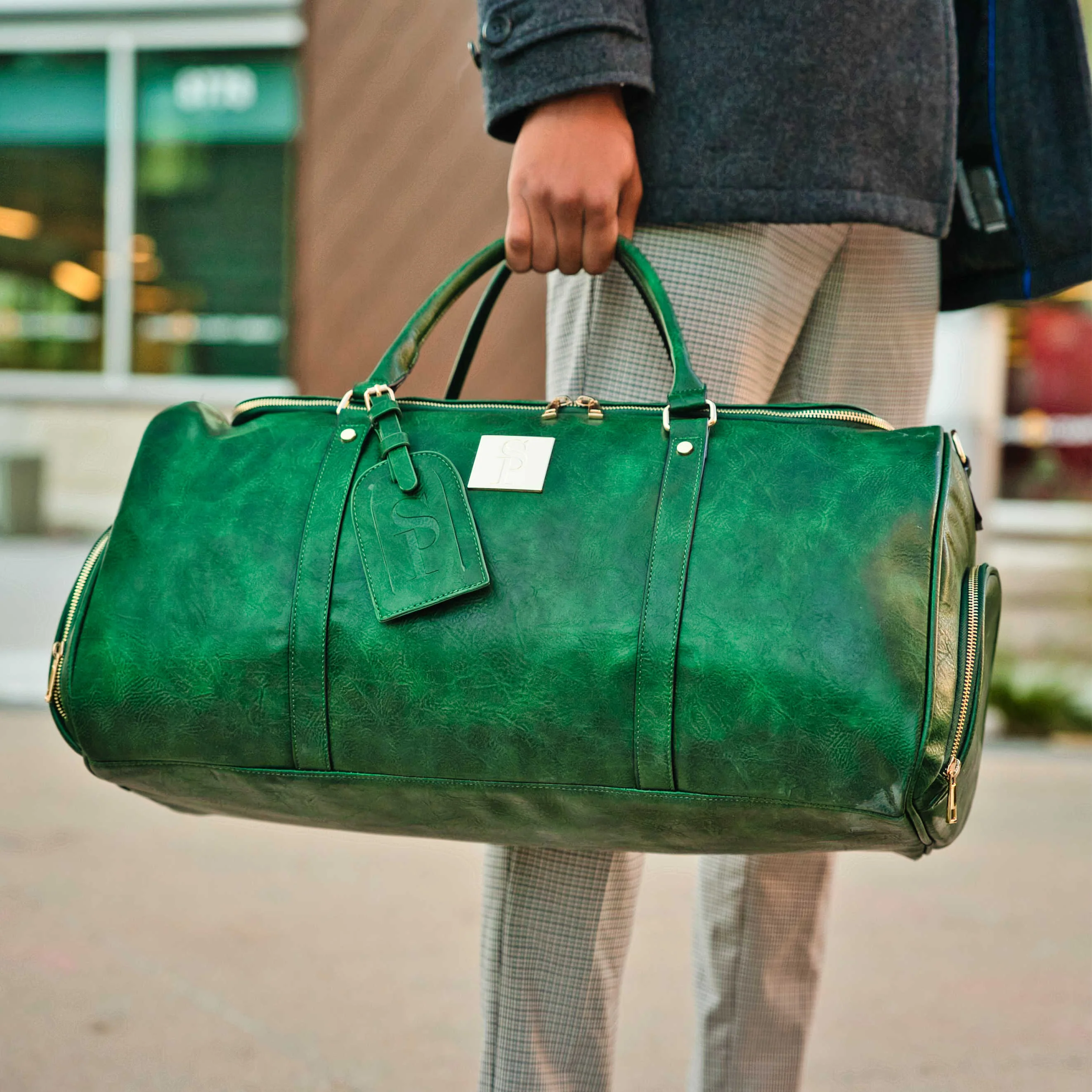 Emerald Green Leather Weekender Duffel Bag - Image 2
