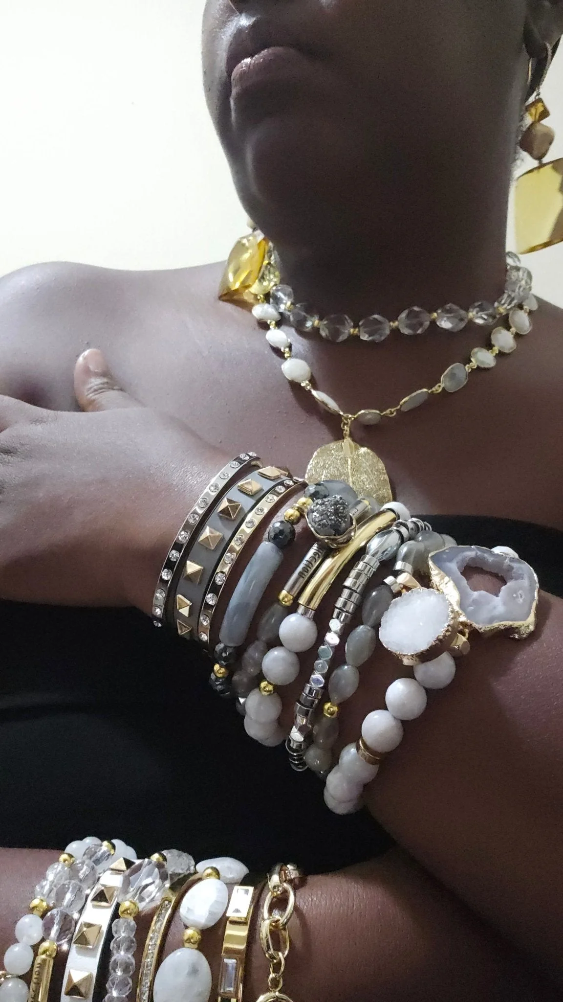 Gray Moonstone and Stripe Agate Stacked Bracelet Set - Image 2