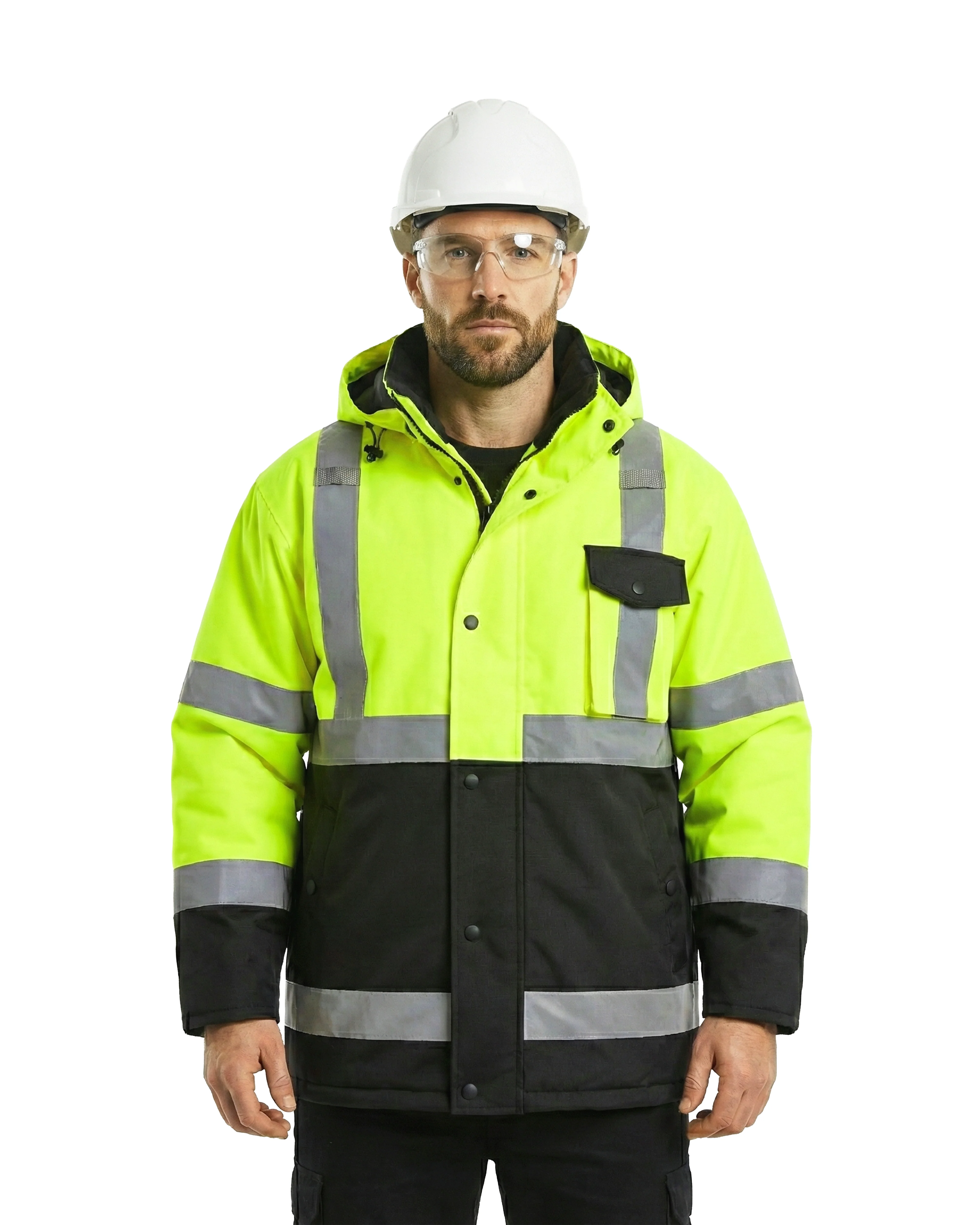 High Visibility Hooded & Quilt Lined ANSI/ISEA 107-2020, Type R, Class 3 Two Tone Water Resistant Neon Safety Jacket [R71300]