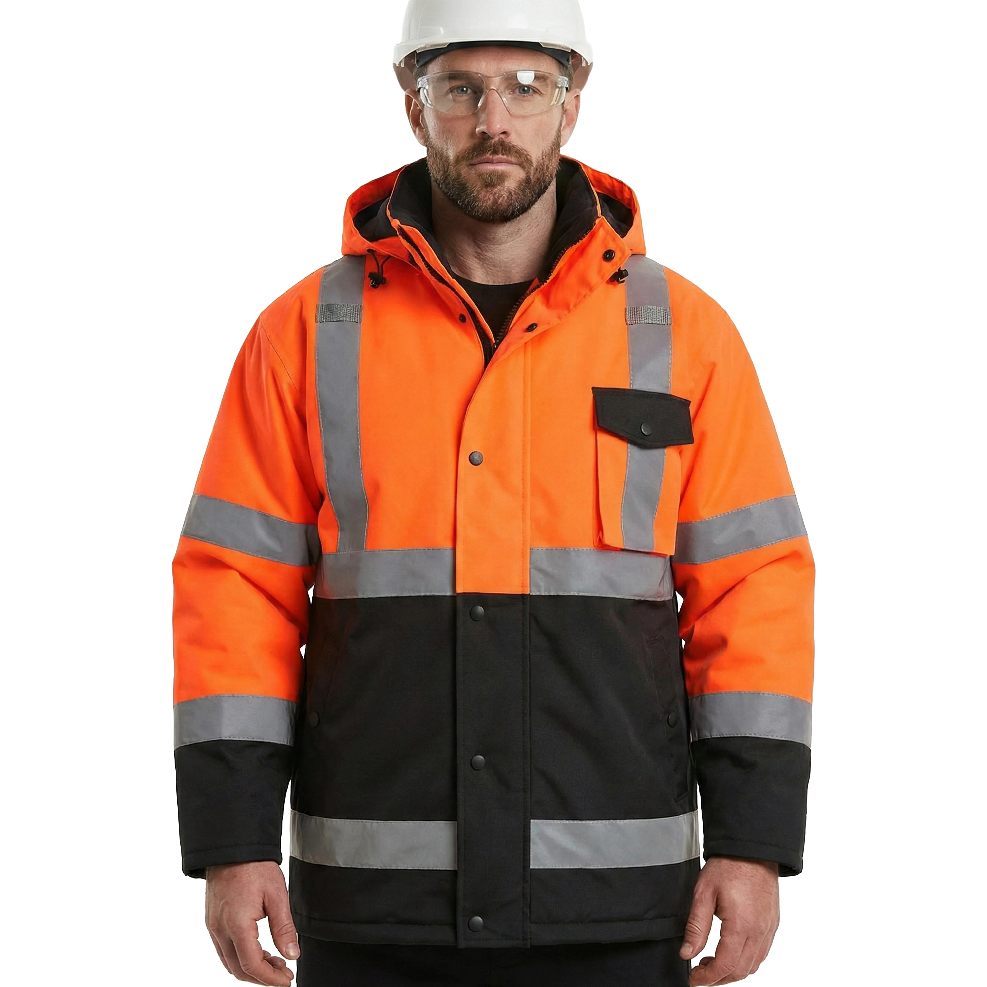 High Visibility Hooded & Quilt Lined ANSI/ISEA 107-2020, Type R, Class 3 Two Tone Water Resistant Orange Safety Jacket [R71400]