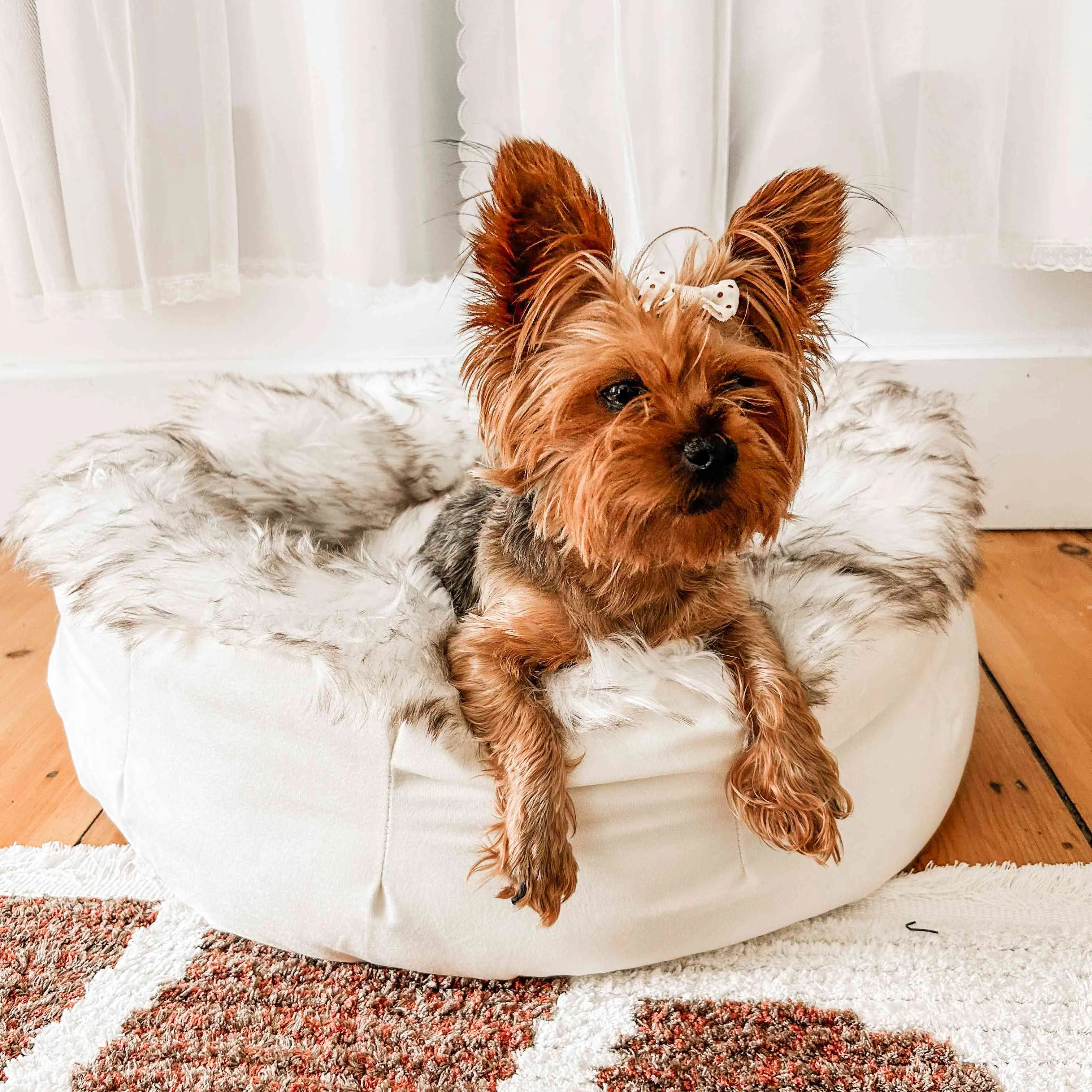 PupPouf™ Faux Fur Donut Dog Bed - White with Brown Accents - Image 8