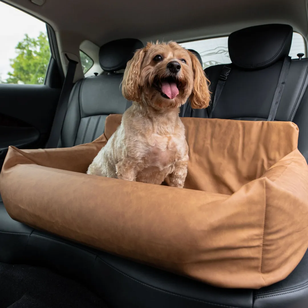 PupProtector™ Faux Leather Memory Foam Dog Car Bed - Camel - Image 2
