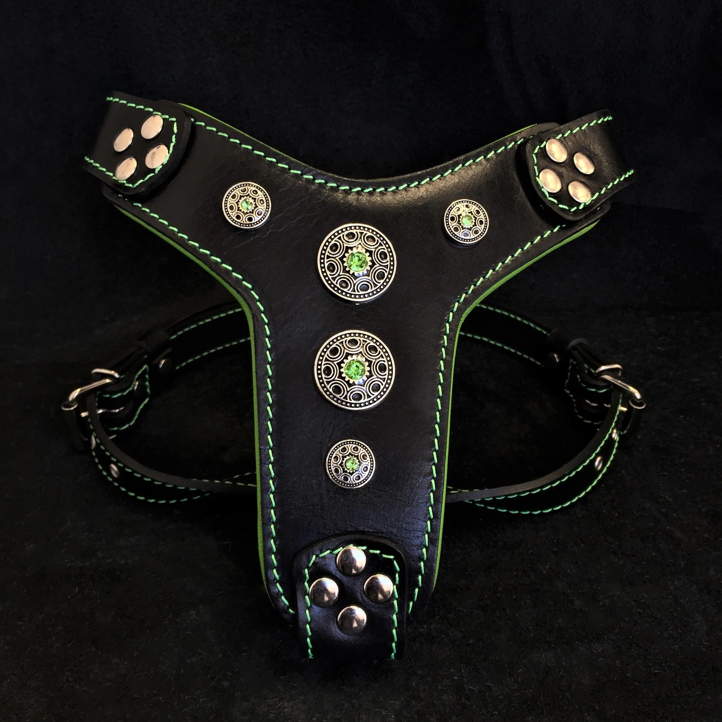 The "Bijou" Dog Harness Small to Medium Breeds. Black & Green