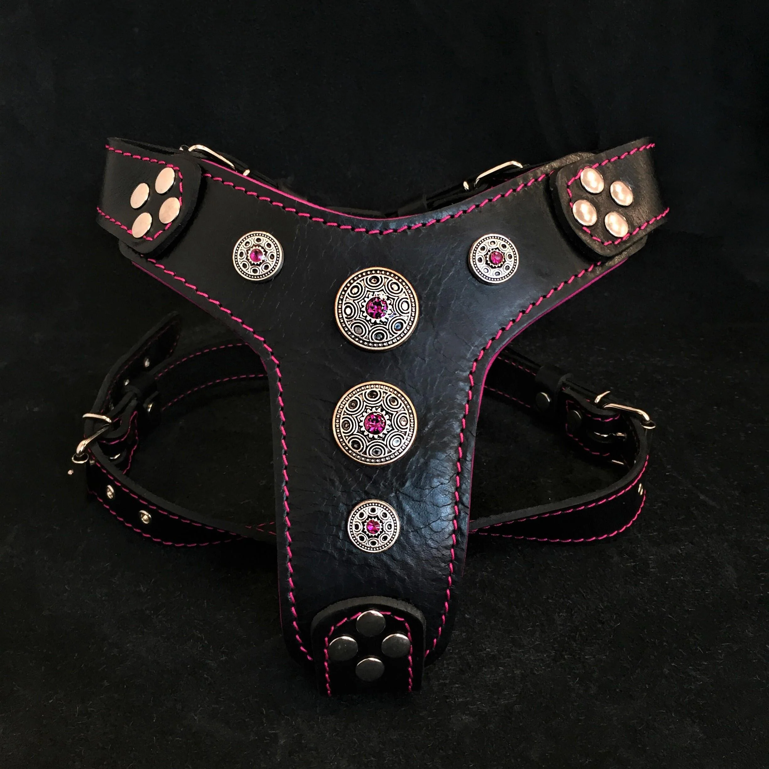 The "Bijou" Dog Harness for Small to Medium Breeds. Black & Pink