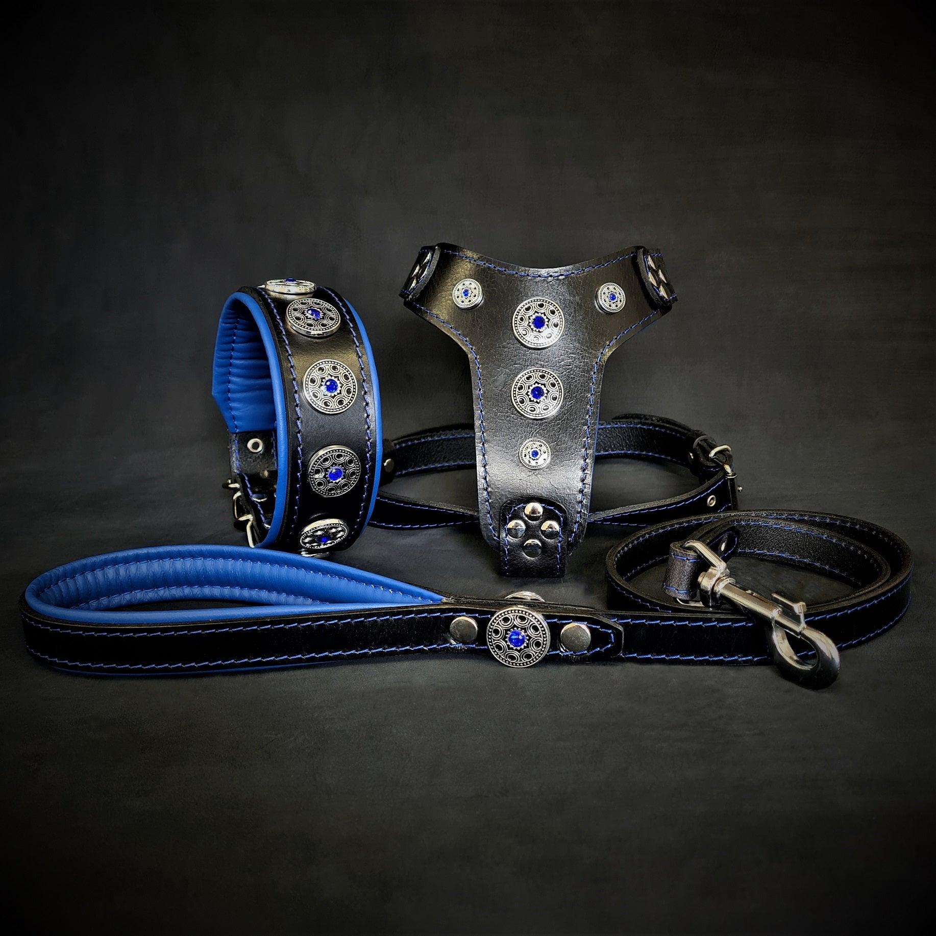The "Bijou" SET - Dog Collar - Harness - Leash. Blue