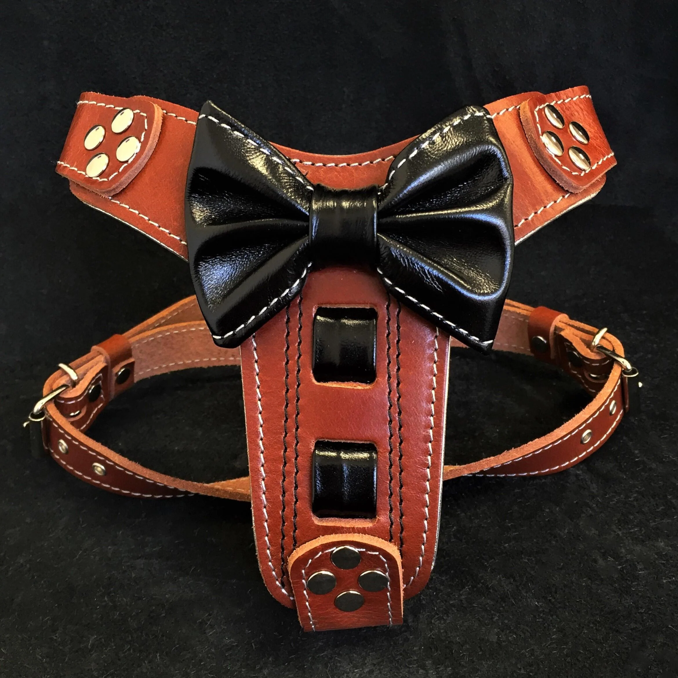 The "Bowtie" Leather Dog Harness for Small to Medium Breeds. Brown